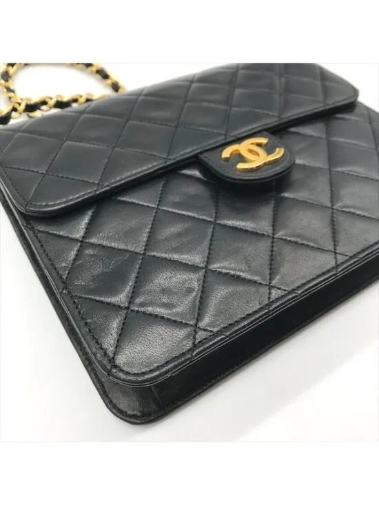 Chanel Quilted CC Logo Push Lock Lamb Leather Chain Shoulder Bag Black Purse - Picture 5 of 10